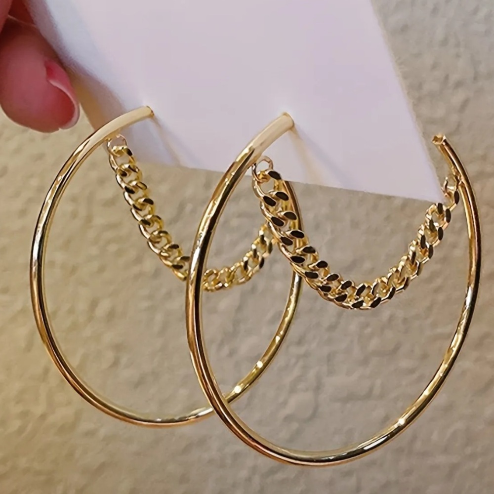 14k Gold Plated Chain Accent Hoop Earrings